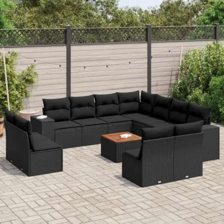 Salon de jardin 12 pcs avec coussins noir résine tressée