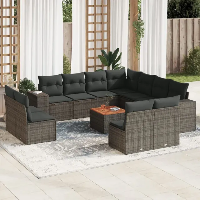 Salon de jardin avec coussins 12 pcs gris résine tressée