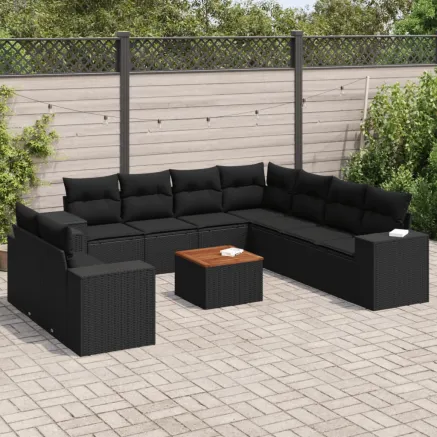 Salon de jardin 10 pcs avec coussins noir résine tressée