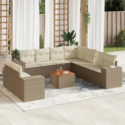 Salon de jardin avec coussins 10 pcs beige résine tressée