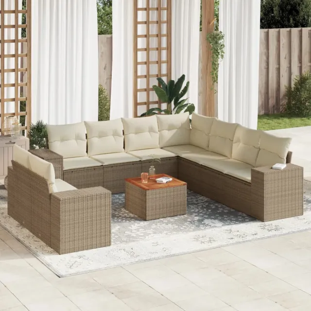 Salon de jardin avec coussins 10 pcs beige résine tressée