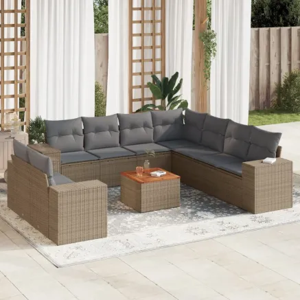 Salon de jardin avec coussins 10 pcs beige résine tressée