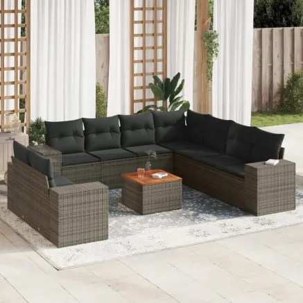 Salon de jardin avec coussins 10 pcs gris résine tressée