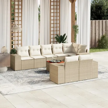 Salon de jardin avec coussins 9 pcs beige résine tressée