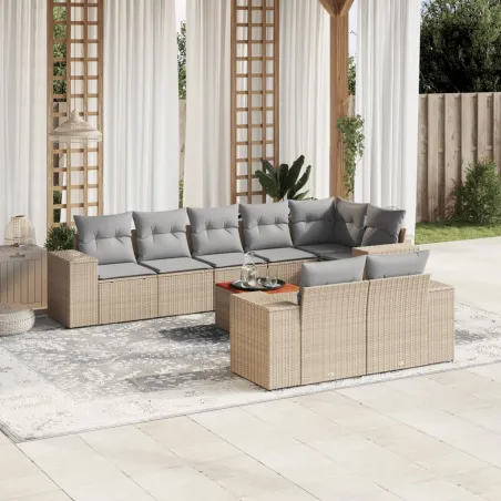 Salon de jardin avec coussins 9 pcs beige résine tressée