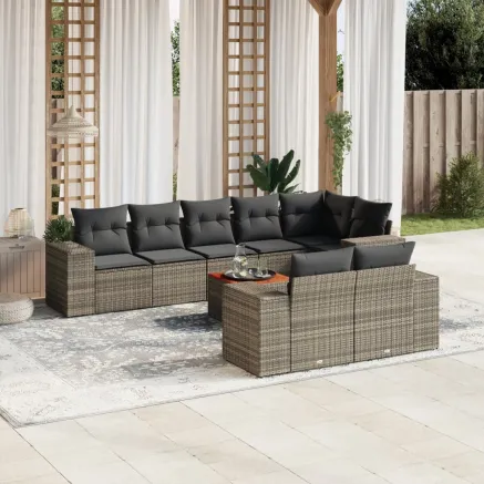 Salon de jardin 9 pcs avec coussins gris résine tressée