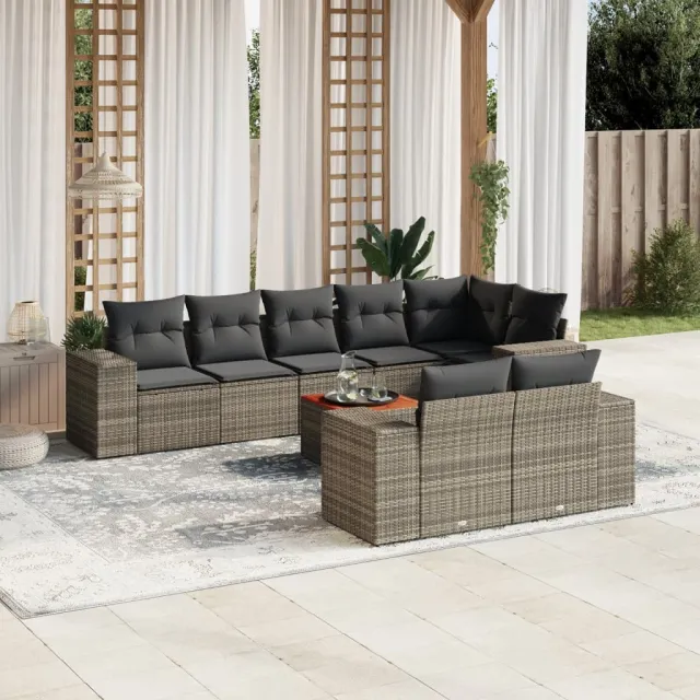 Salon de jardin 9 pcs avec coussins gris résine tressée