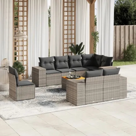 Salon de jardin 9 pcs avec coussins gris résine tressée