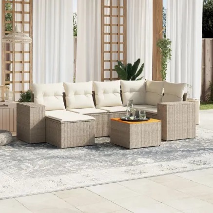 Salon de jardin avec coussins 7 pcs beige résine tressée