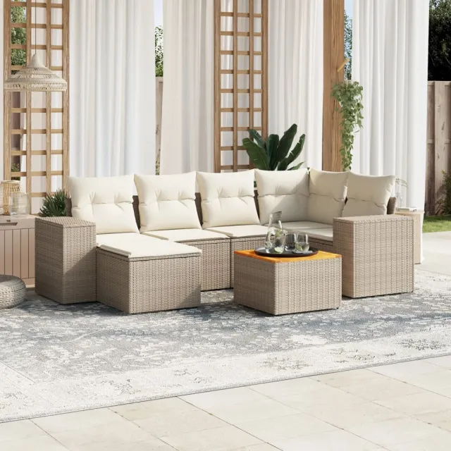 Salon de jardin avec coussins 7 pcs beige résine tressée