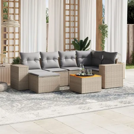 Salon de jardin avec coussins 7 pcs beige résine tressée