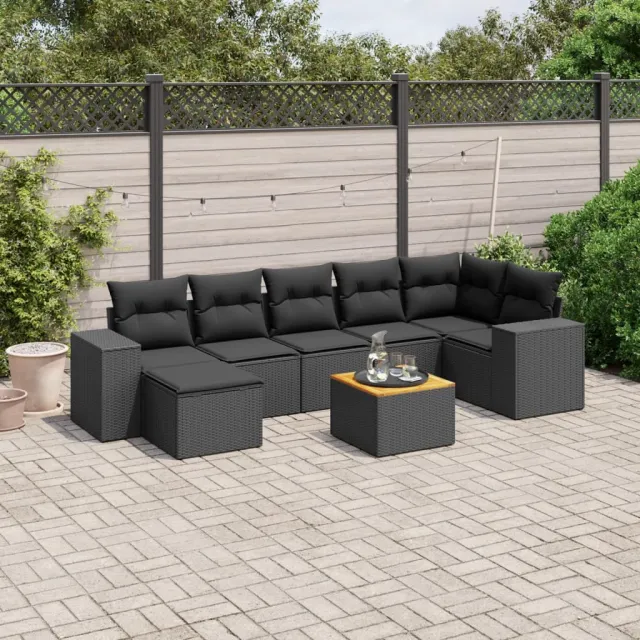 Salon de jardin 8 pcs avec coussins noir résine tressée