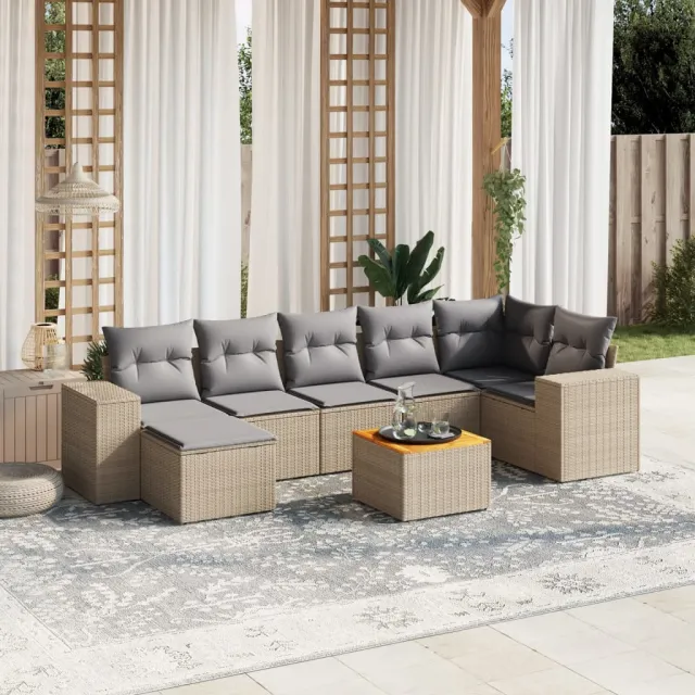 Salon de jardin avec coussins 8 pcs beige résine tressée