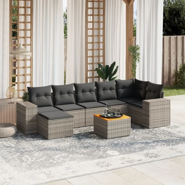 Salon de jardin 8 pcs avec coussins gris résine tressée