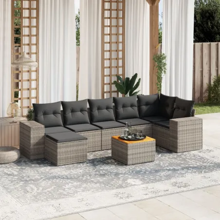 Salon de jardin 8 pcs avec coussins gris résine tressée