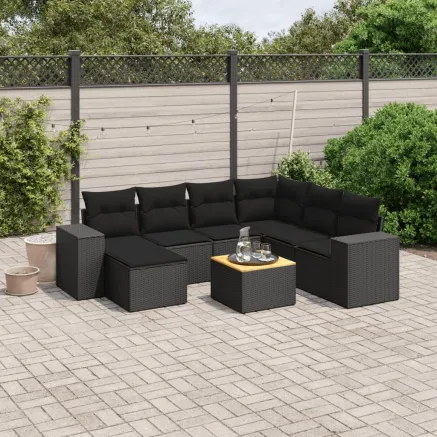 Salon de jardin 8 pcs avec coussins noir résine tressée