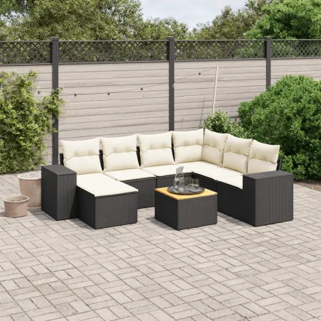 Salon de jardin 8 pcs avec coussins noir résine tressée