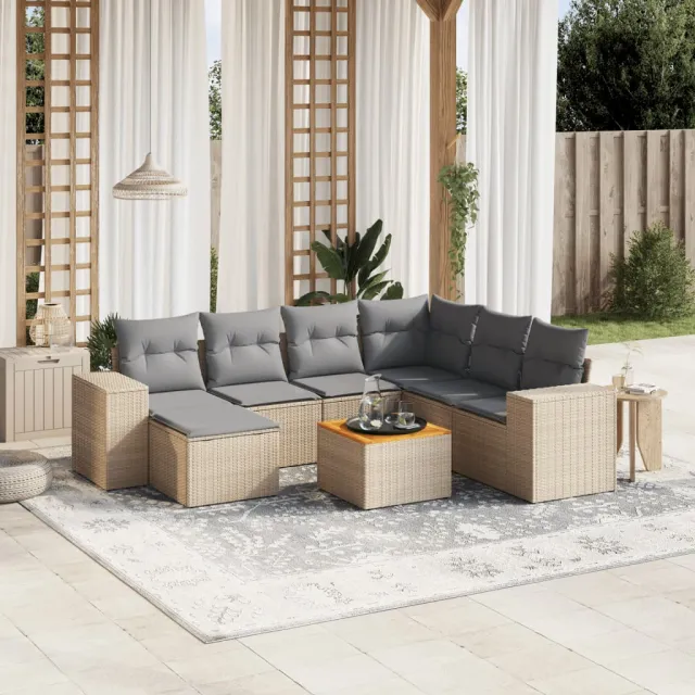 Salon de jardin avec coussins 8 pcs beige résine tressée