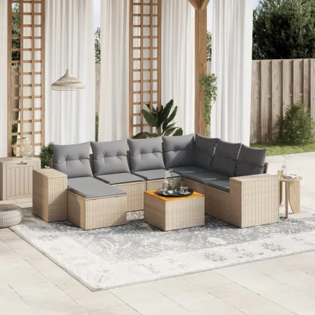 Salon de jardin avec coussins 8 pcs beige résine tressée