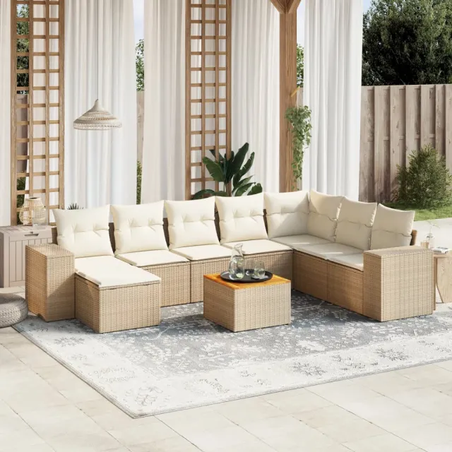 Salon de jardin avec coussins 9 pcs beige résine tressée