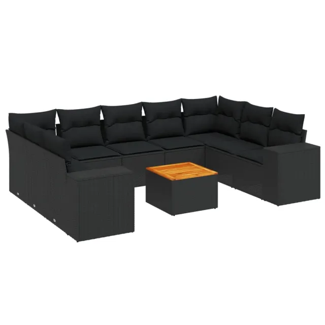 Salon de jardin 10 pcs avec coussins noir résine tressée