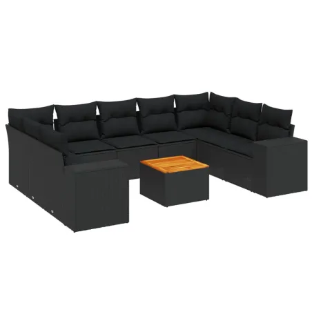 Salon de jardin 10 pcs avec coussins noir résine tressée
