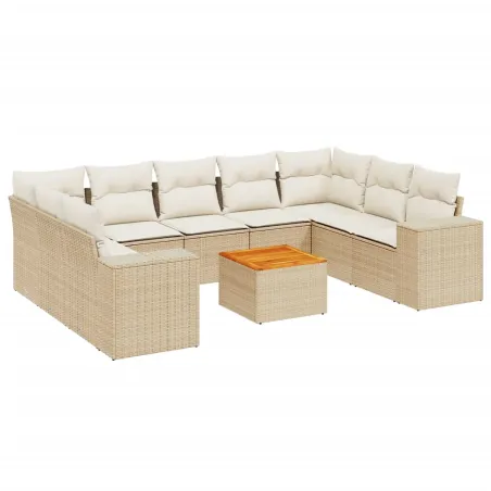 Salon de jardin avec coussins 10 pcs beige résine tressée