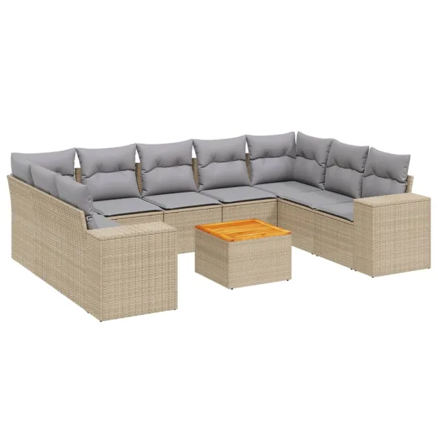Salon de jardin avec coussins 10 pcs beige résine tressée