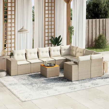 Salon de jardin avec coussins 10 pcs beige résine tressée