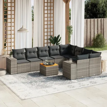 Salon de jardin avec coussins 10 pcs gris résine tressée