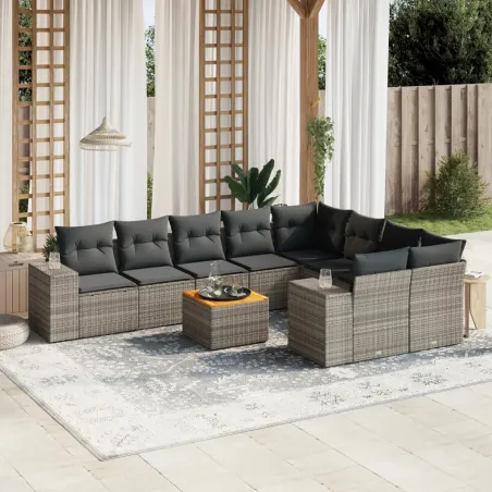 Salon de jardin avec coussins 10 pcs gris résine tressée