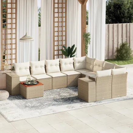 Salon de jardin avec coussins 10 pcs beige résine tressée