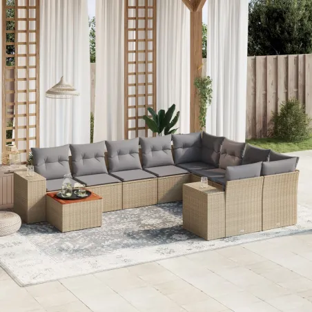Salon de jardin avec coussins 10 pcs beige résine tressée