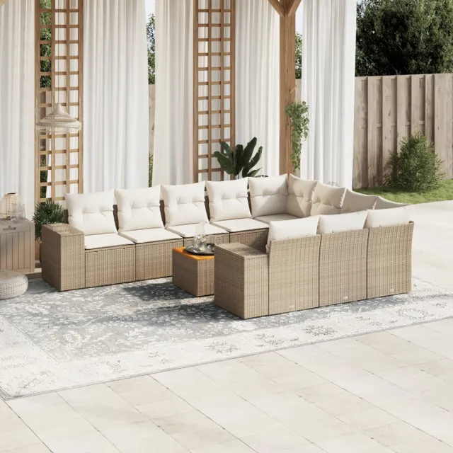 Salon de jardin 11 pcs avec coussins beige résine tressée