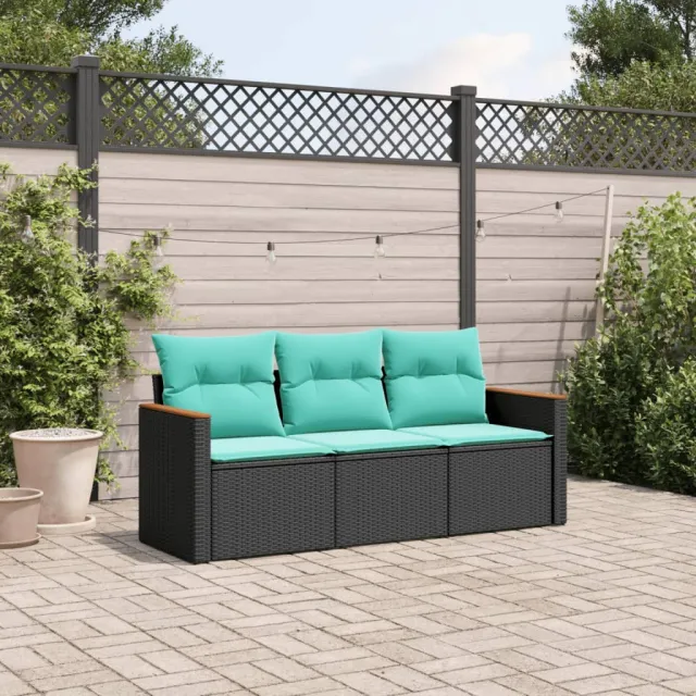 Salon de jardin 3 pcs avec coussins noir résine tressée