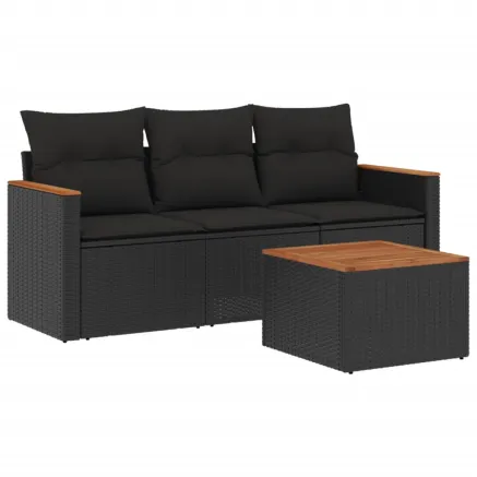 Salon de jardin 4 pcs avec coussins noir résine tressée 2