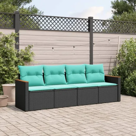 Salon de jardin 4 pcs avec coussins noir résine tressée