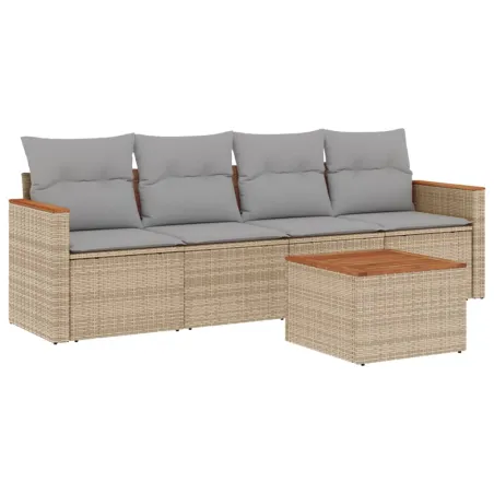 Salon de jardin avec coussins 5pcs mélange beige résine tressée