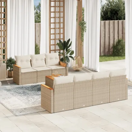 Salon de jardin avec coussins 8 pcs beige résine tressée