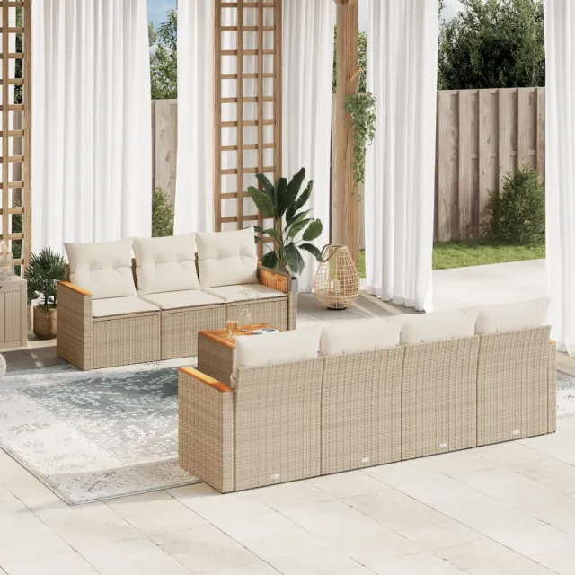 Salon de jardin avec coussins 8 pcs beige résine tressée