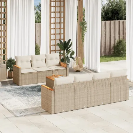 Salon de jardin avec coussins 8 pcs beige résine tressée