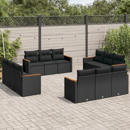 Salon de jardin 12 pcs avec coussins noir résine tressée