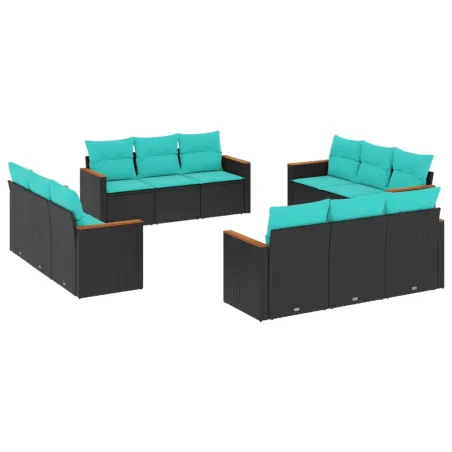 Salon de jardin avec coussins 12 pcs noir résine tressée