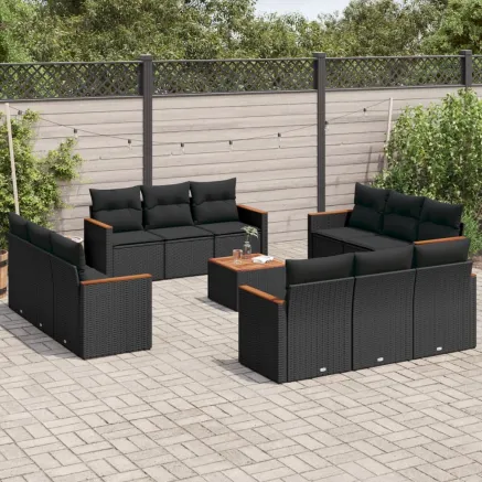 Salon de jardin avec coussins 13 pcs noir résine tressée