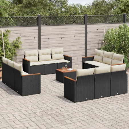 Salon de jardin avec coussins 13 pcs noir résine tressée