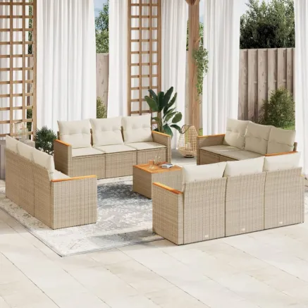 Salon de jardin avec coussins 13 pcs beige résine tressée