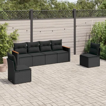 Salon de jardin 6 pcs avec coussins noir résine tressée