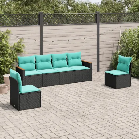 Salon de jardin 6 pcs avec coussins noir résine tressée