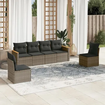 Salon de jardin 6 pcs avec coussins gris résine tressée