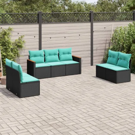 Salon de jardin 7 pcs avec coussins noir résine tressée